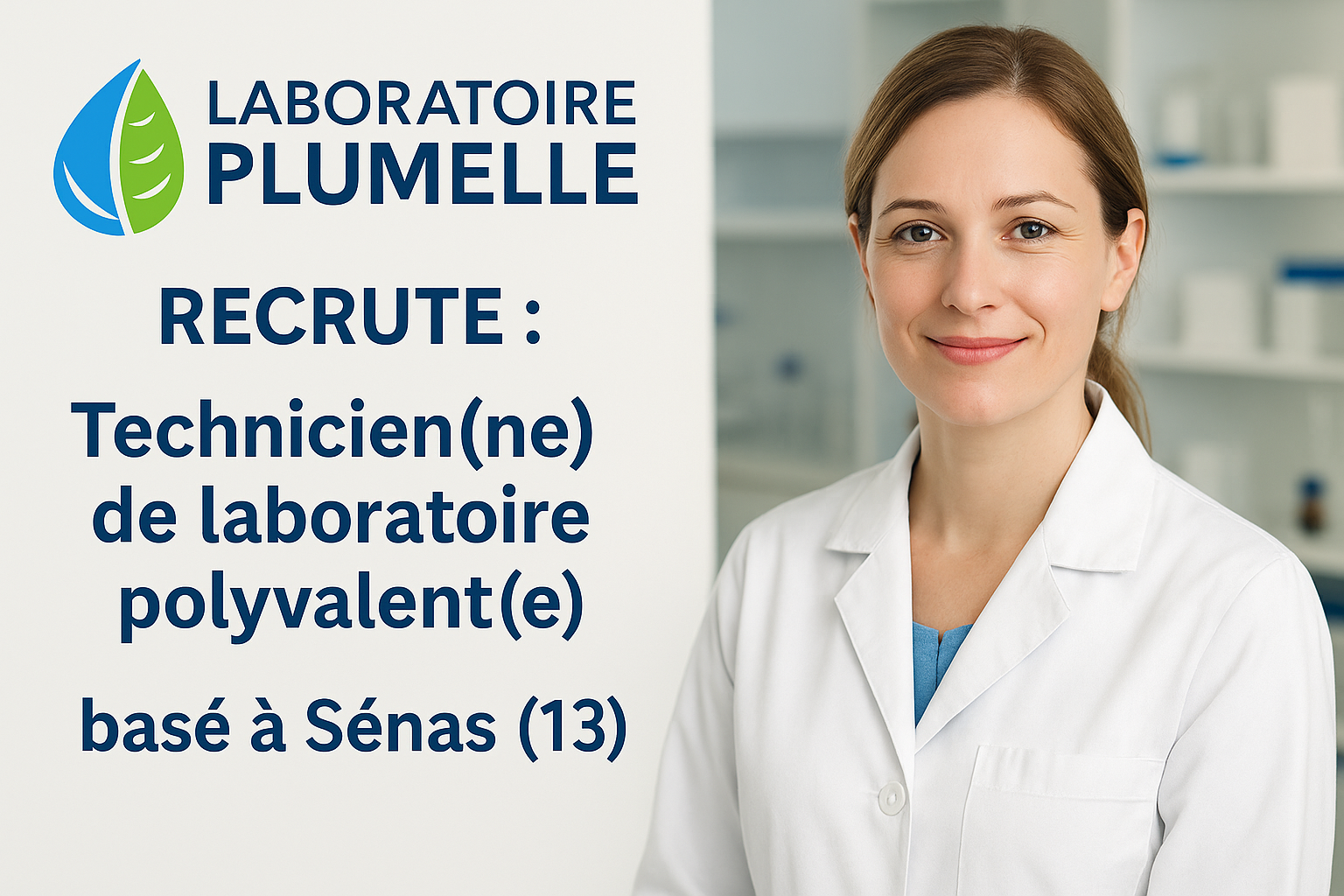 Affiche avec à gauche un message de recherche de recrutement de technicien(ne) à Senas et à droite une femme en blouse blanche